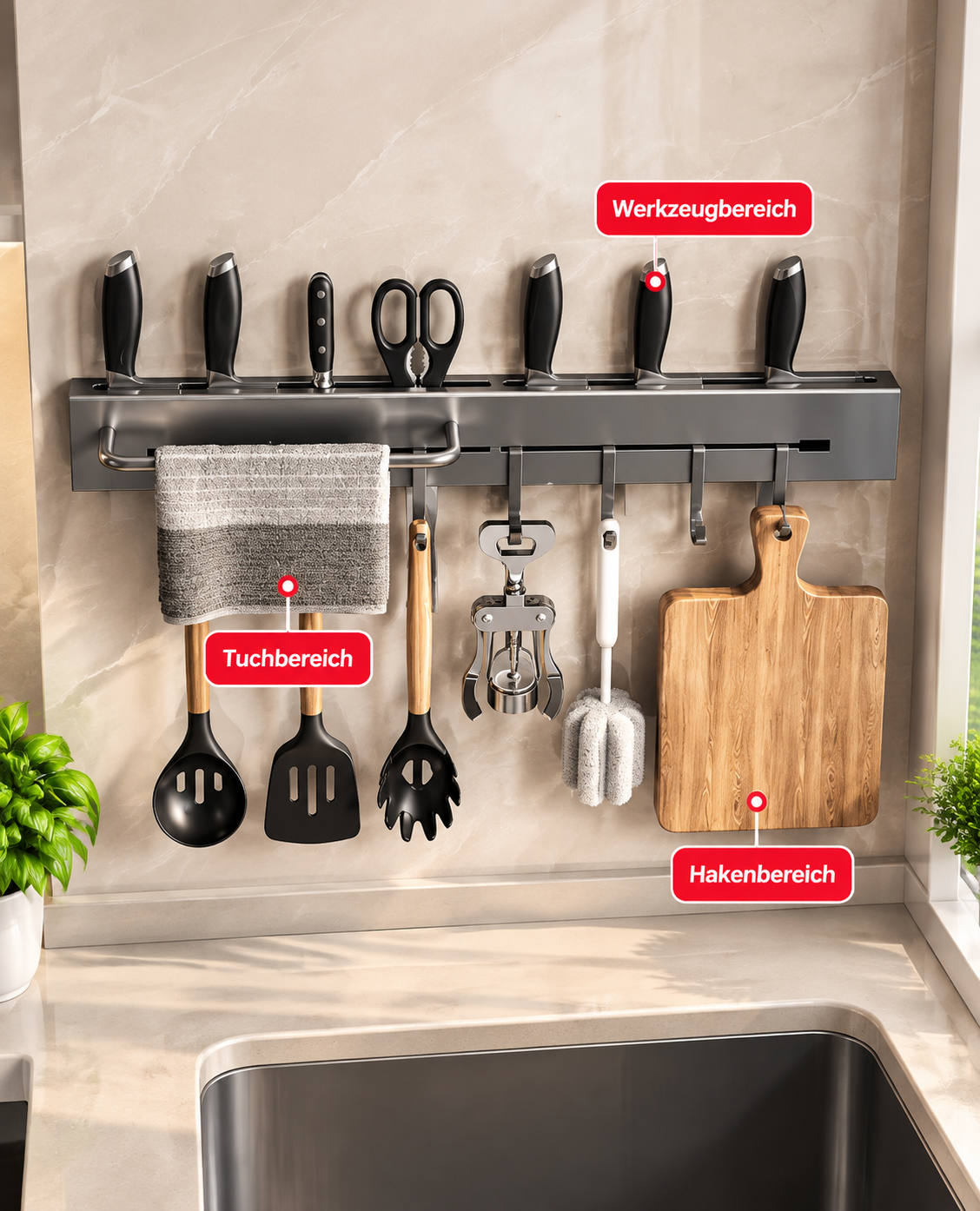 Edelstahl-Hängeleiste mit Haken für die Küchenwand – Bild 2