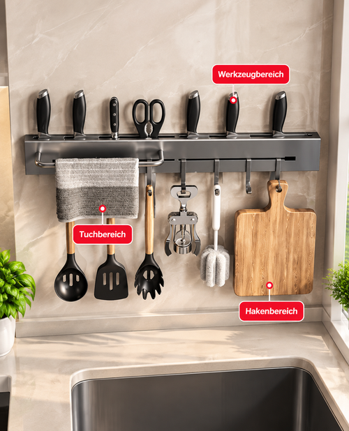 Edelstahl-Hängeleiste mit Haken für die Küchenwand – Bild 2