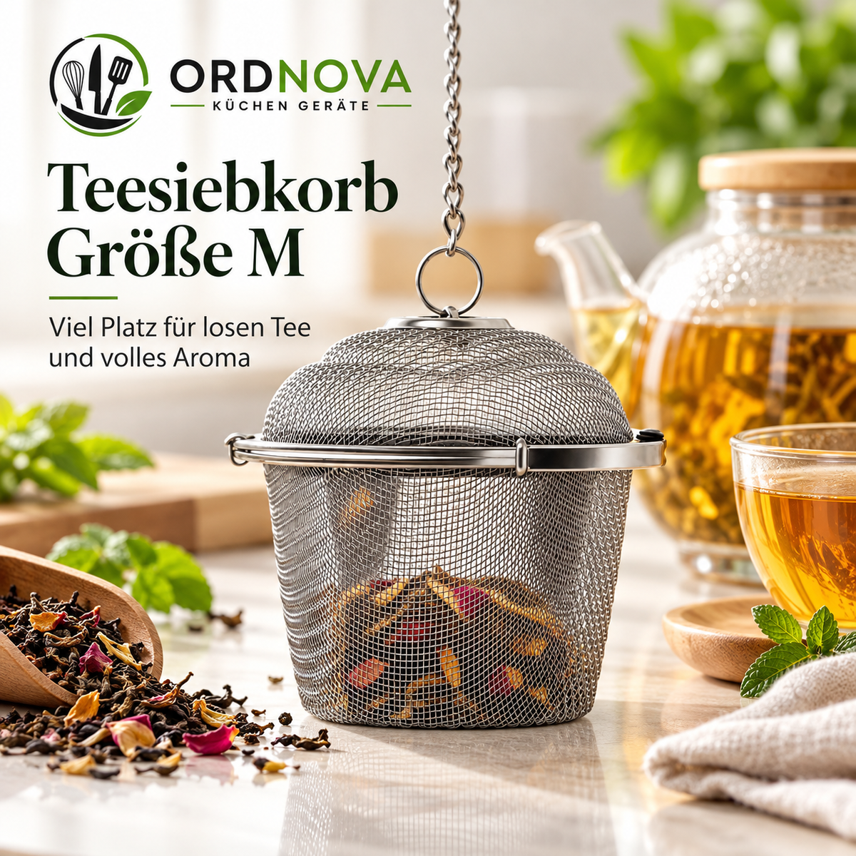 Gewürz- & Teesieb aus Edelstahl – mit Kette, verschiedene Größen