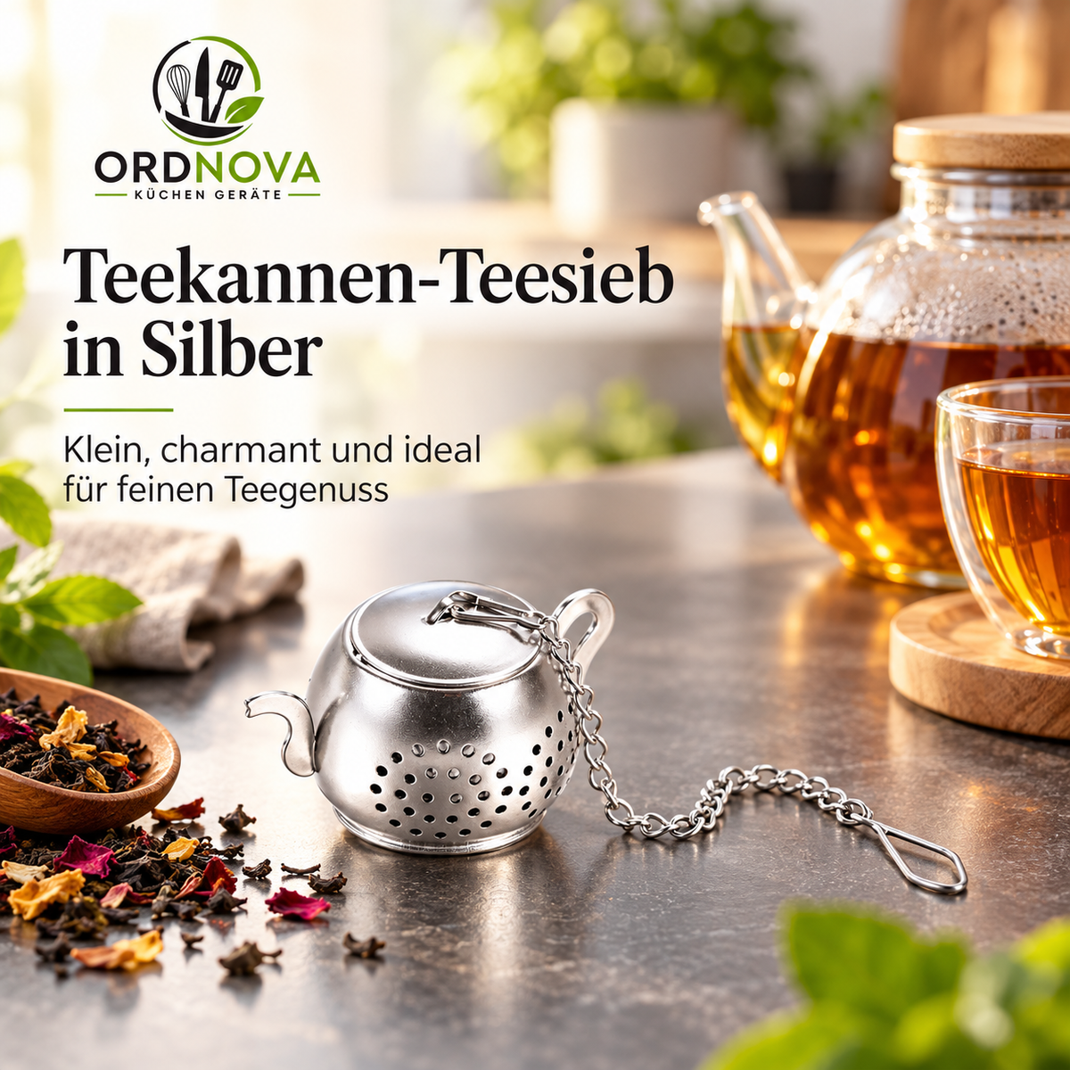 Gewürz- & Teesieb aus Edelstahl – mit Kette, verschiedene Größen