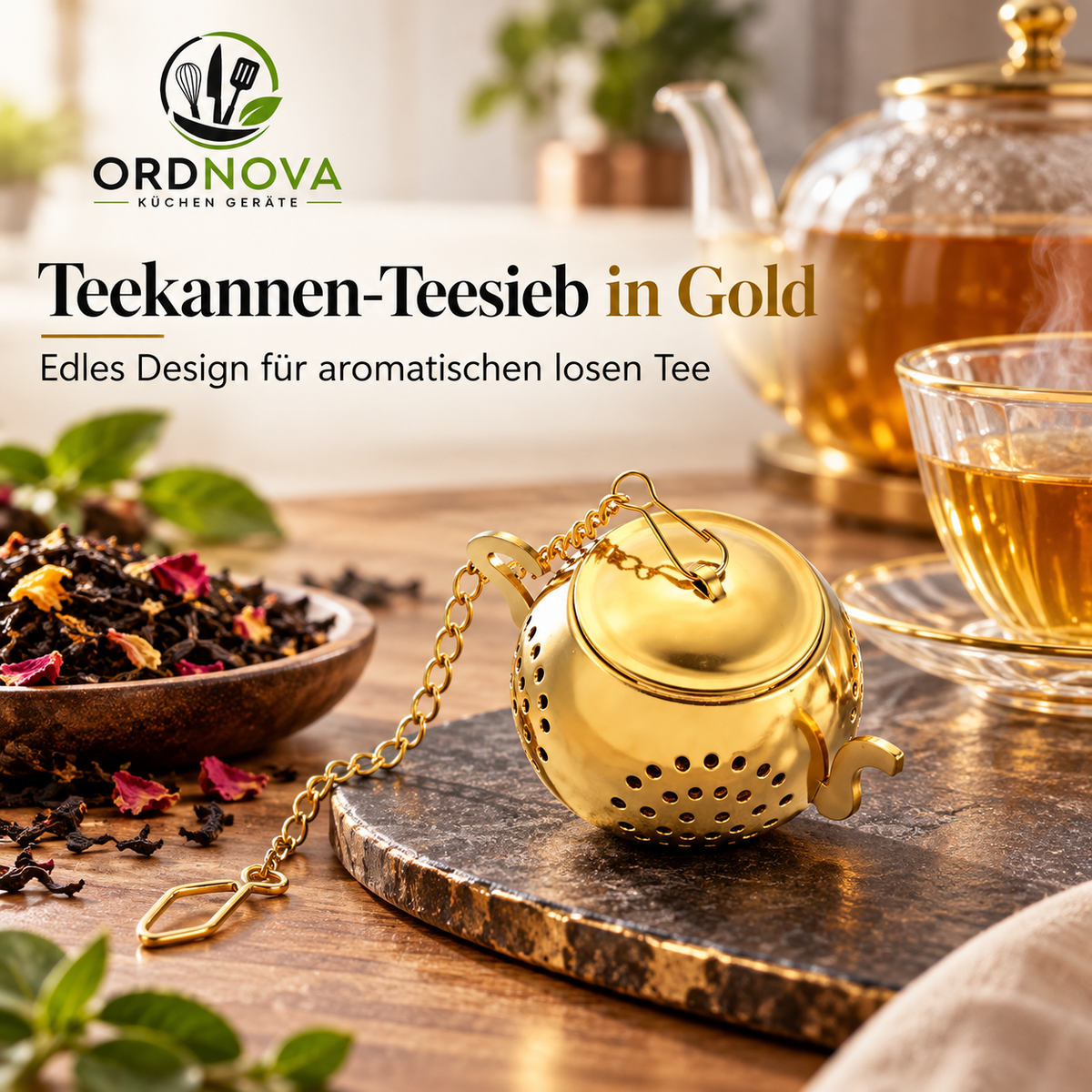 Gewürz- & Teesieb aus Edelstahl – mit Kette, verschiedene Größen