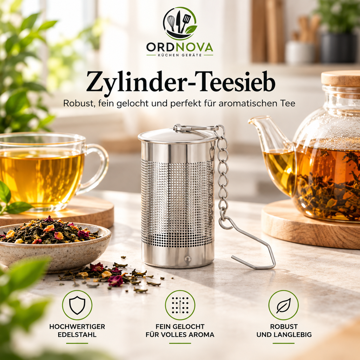 Gewürz- & Teesieb aus Edelstahl – mit Kette, verschiedene Größen