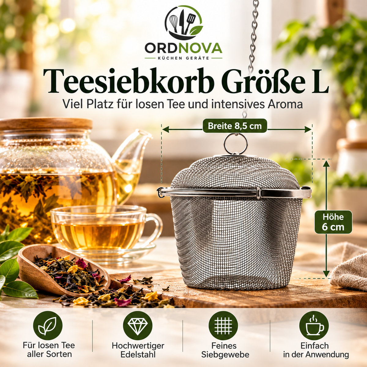 Gewürz- & Teesieb aus Edelstahl – mit Kette, verschiedene Größen