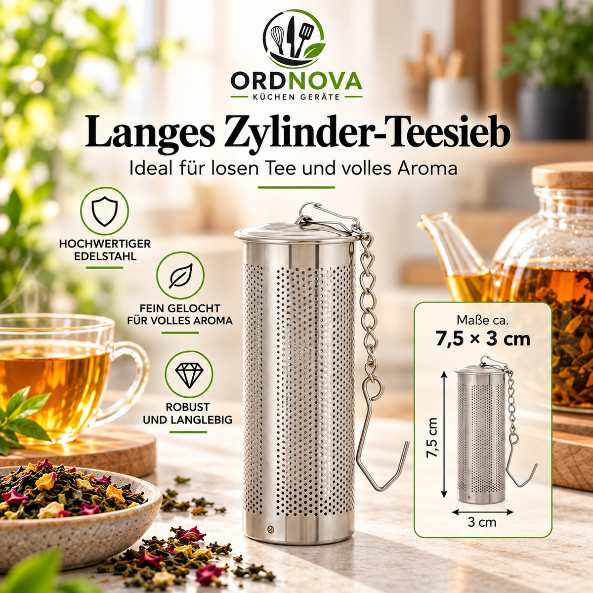 Gewürz- & Teesieb aus Edelstahl – mit Kette, verschiedene Größen