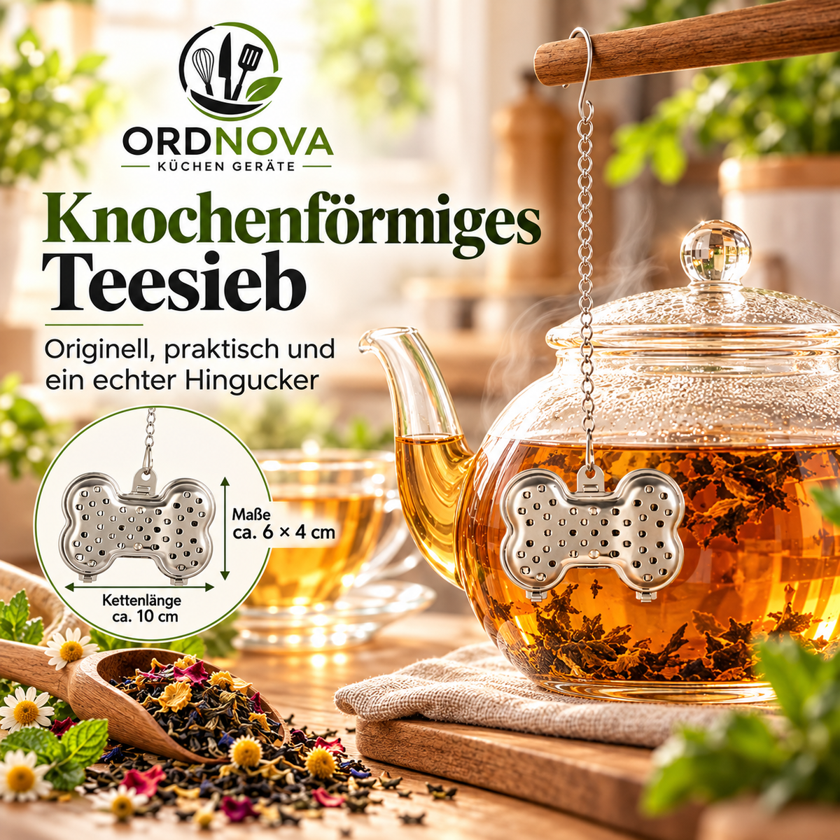 Gewürz- & Teesieb aus Edelstahl – mit Kette, verschiedene Größen