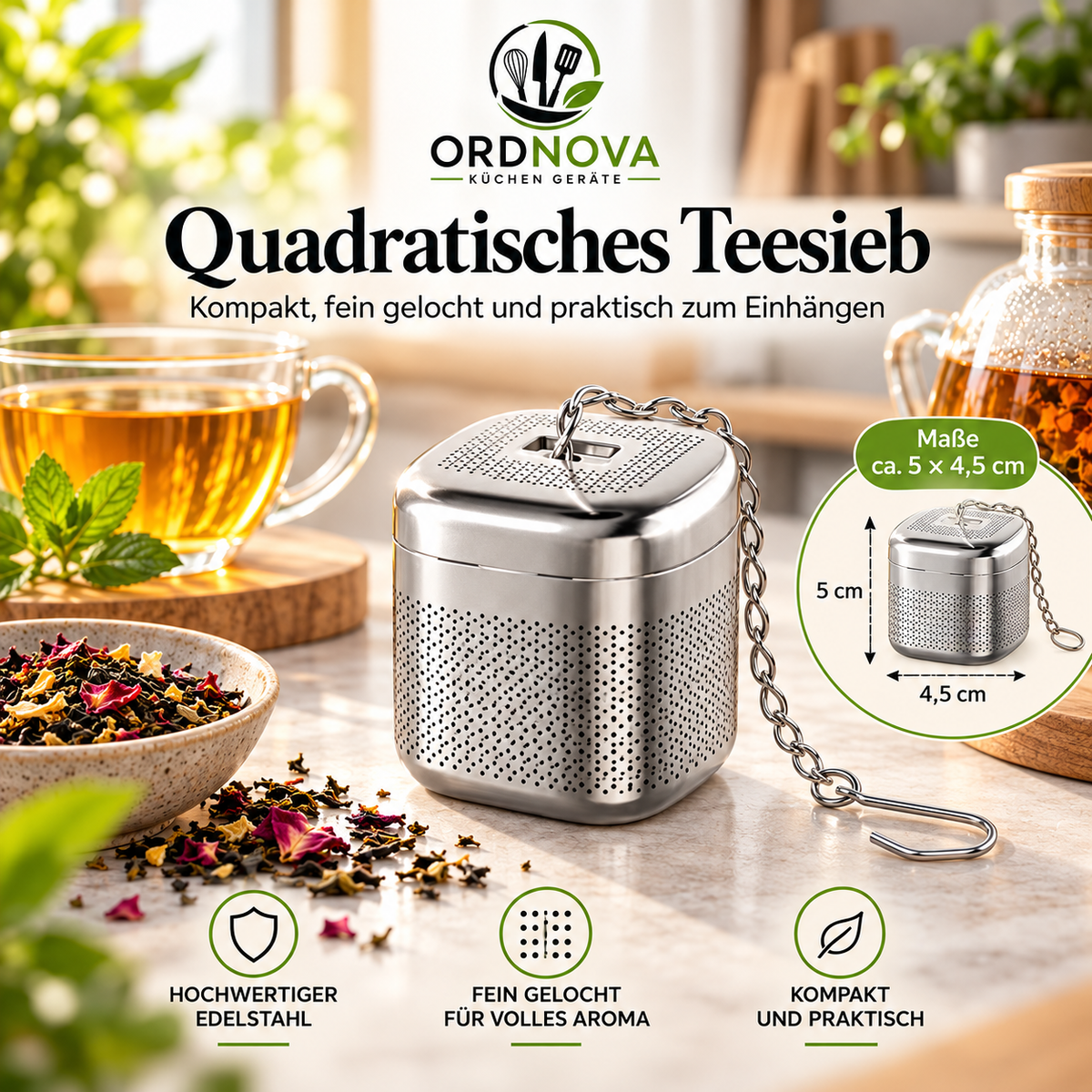 Gewürz- & Teesieb aus Edelstahl – mit Kette, verschiedene Größen