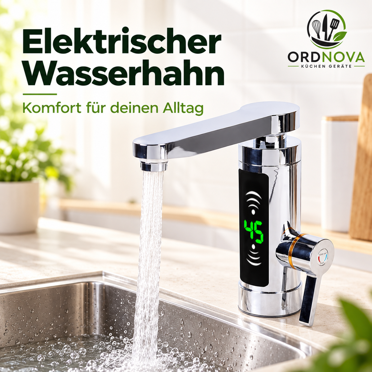 Elektrischer Wasserhahn mit Durchlauferhitzer – 3000 W, LED-Temperaturanzeige