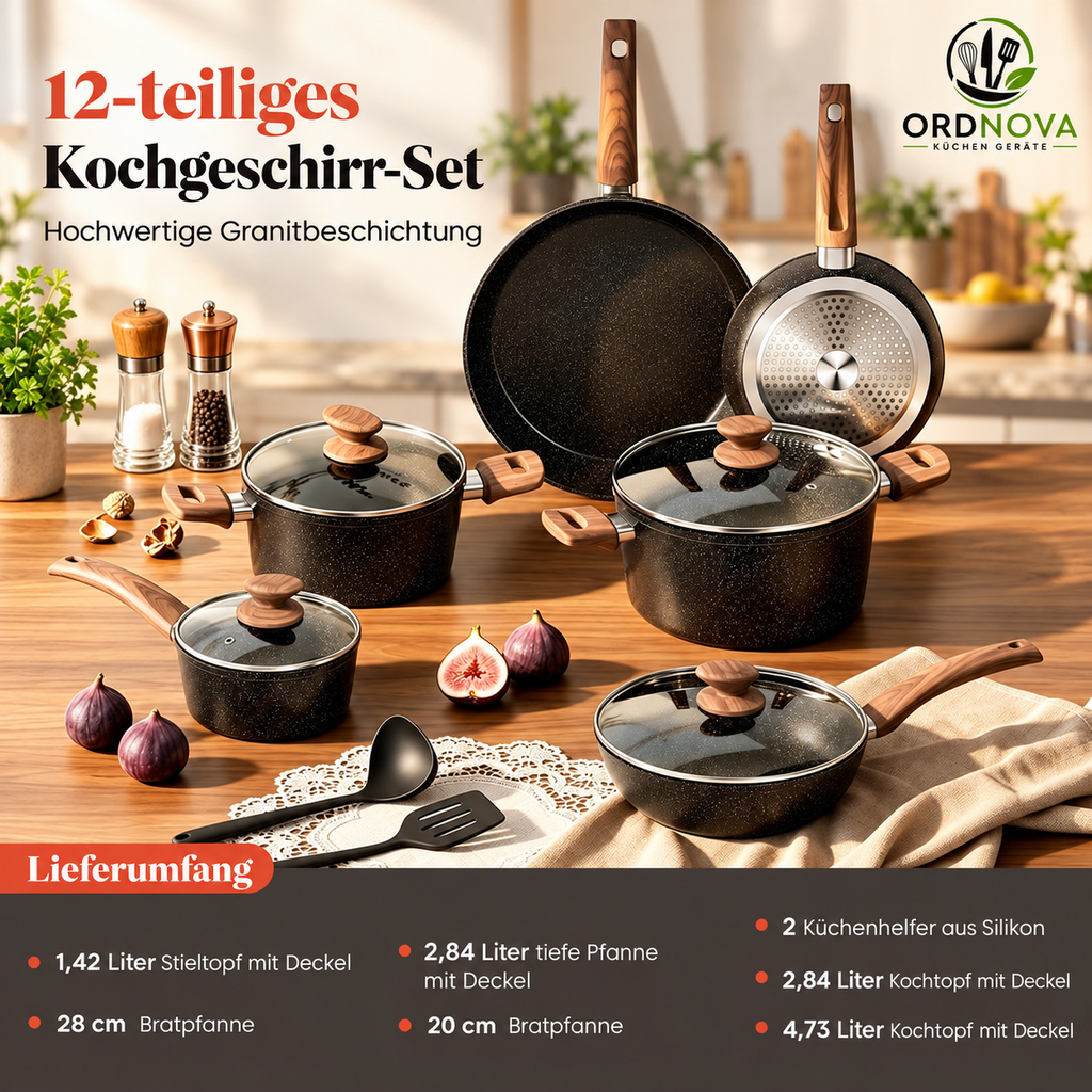 Topf- und Pfannenset 12-teilig mit Granitbeschichtung – antihaftbeschichtetes Kochgeschirr