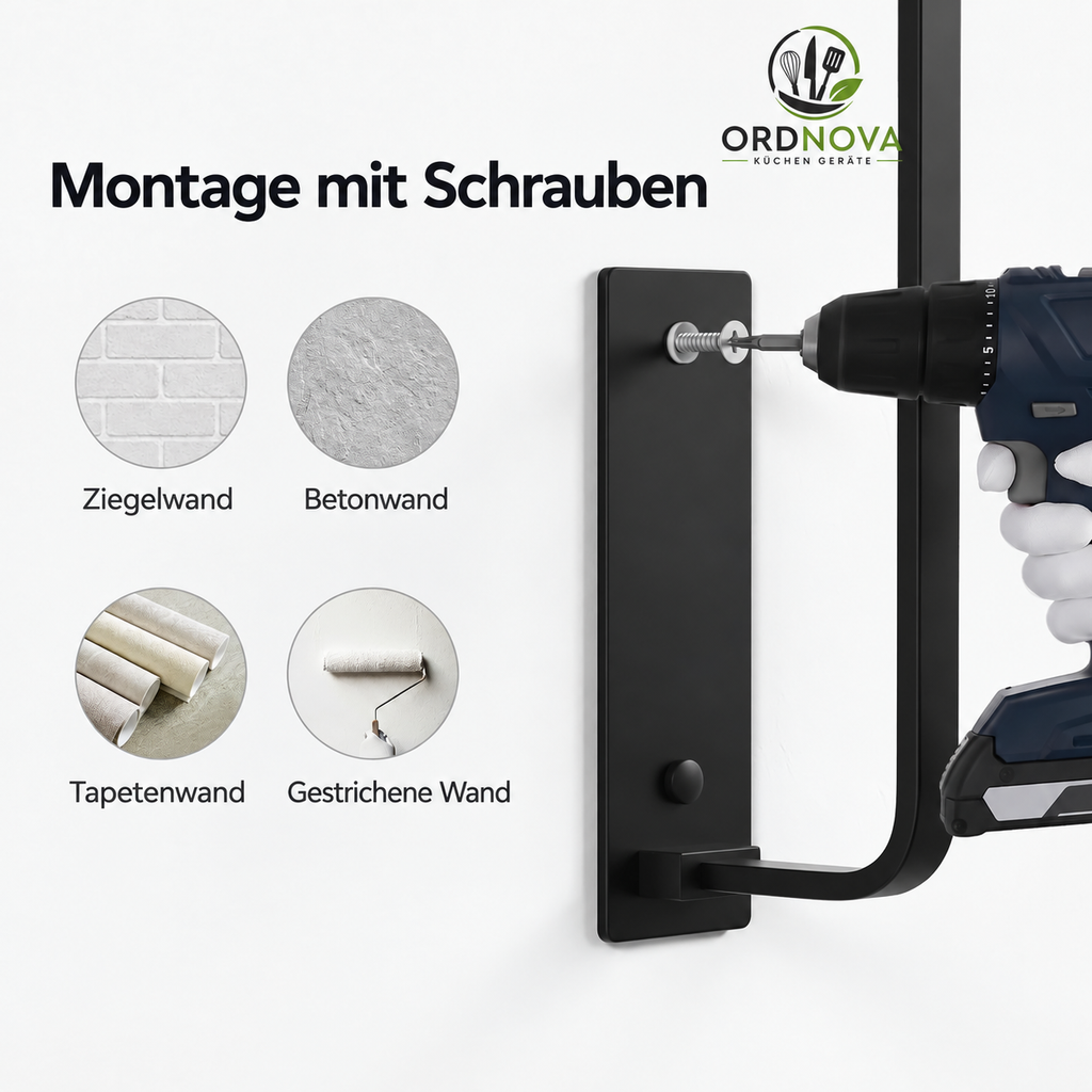 Küchenrollenhalter ohne Bohren – Edelstahl, selbstklebend, Schwarz