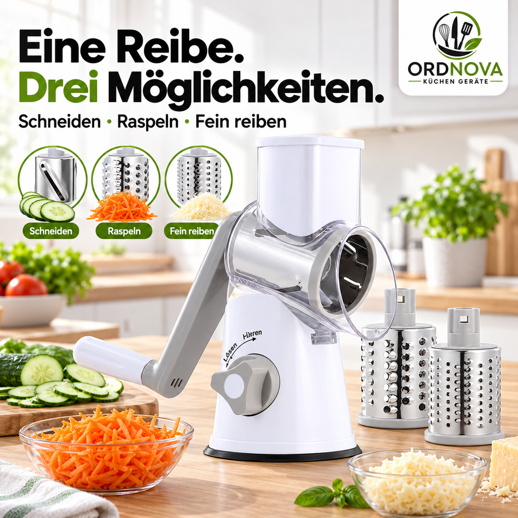 Trommelreibe mit Kurbel – Käsereibe & Gemüseschneider, 3 Klingen