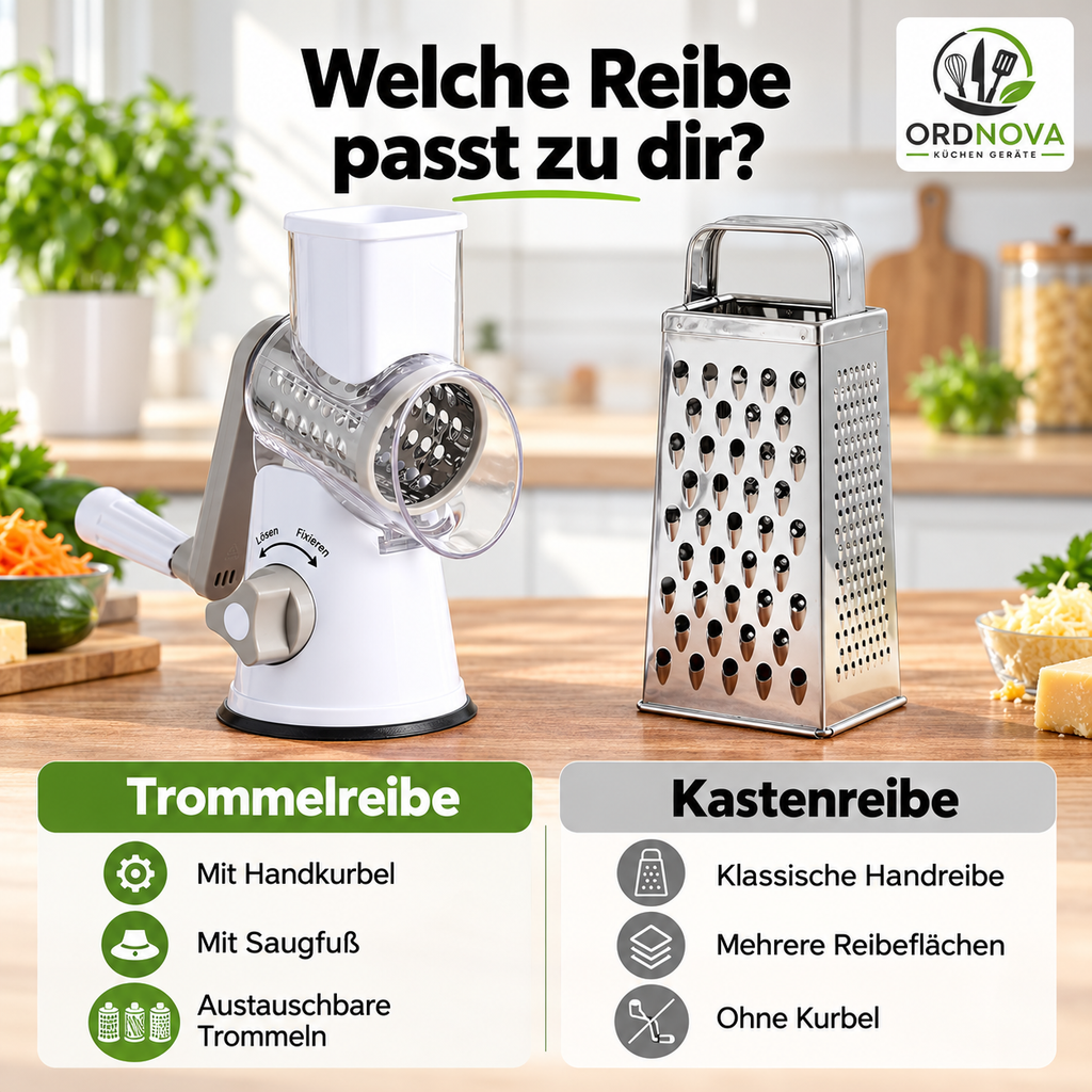 Trommelreibe mit Kurbel – Käsereibe & Gemüseschneider, 3 Klingen