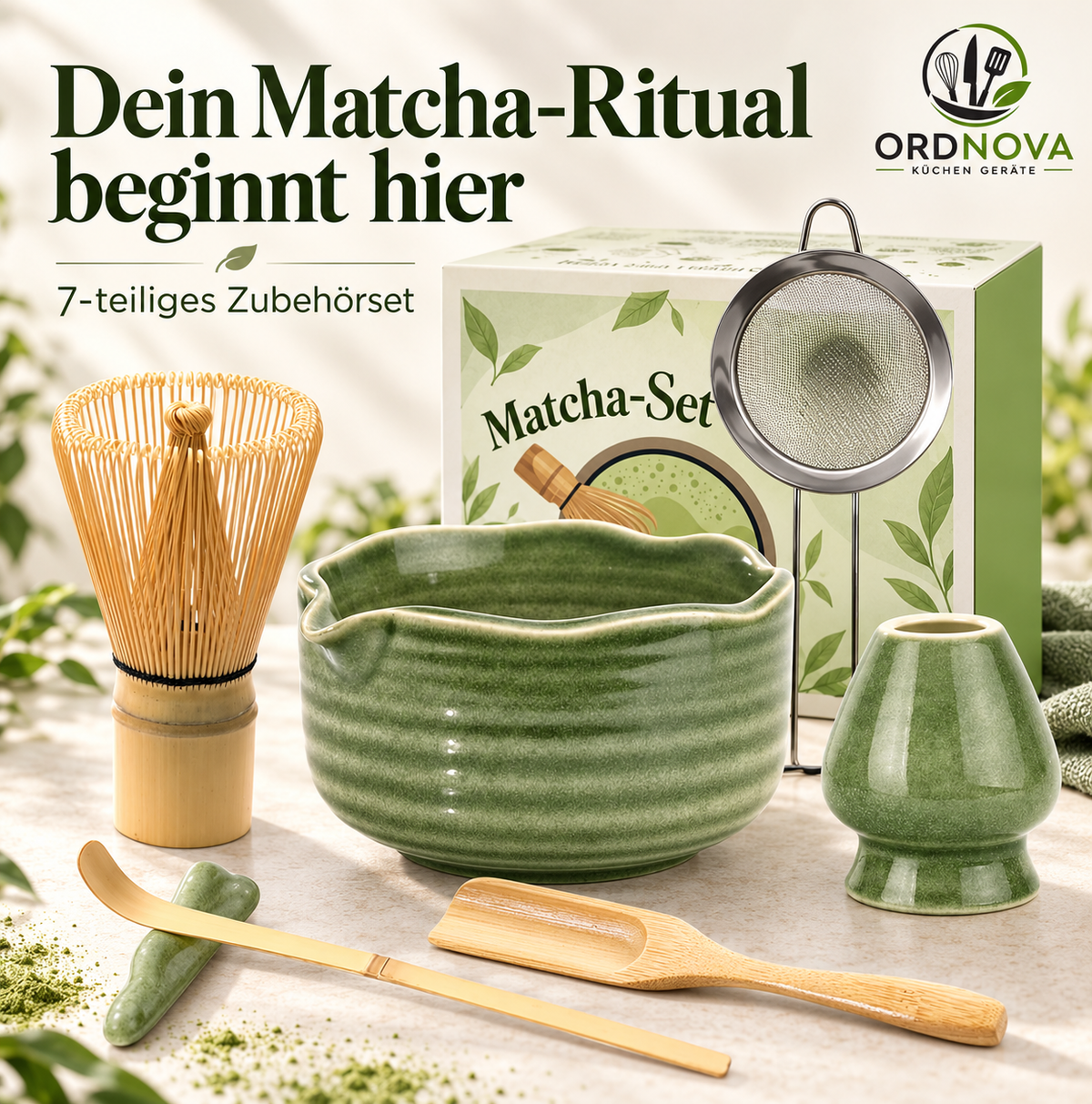 Matcha Set 7-teilig mit Bambusbesen und Keramikschale