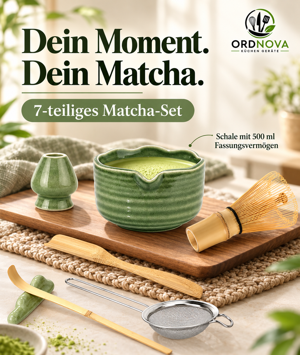 Matcha Set 7-teilig mit Bambusbesen und Keramikschale – Chasen mit Besenhalter