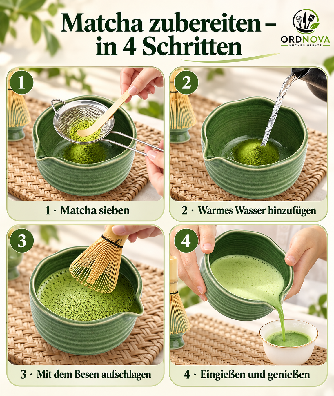 Matcha Set 7-teilig mit Bambusbesen und Keramikschale – mit Sieb und Löffel