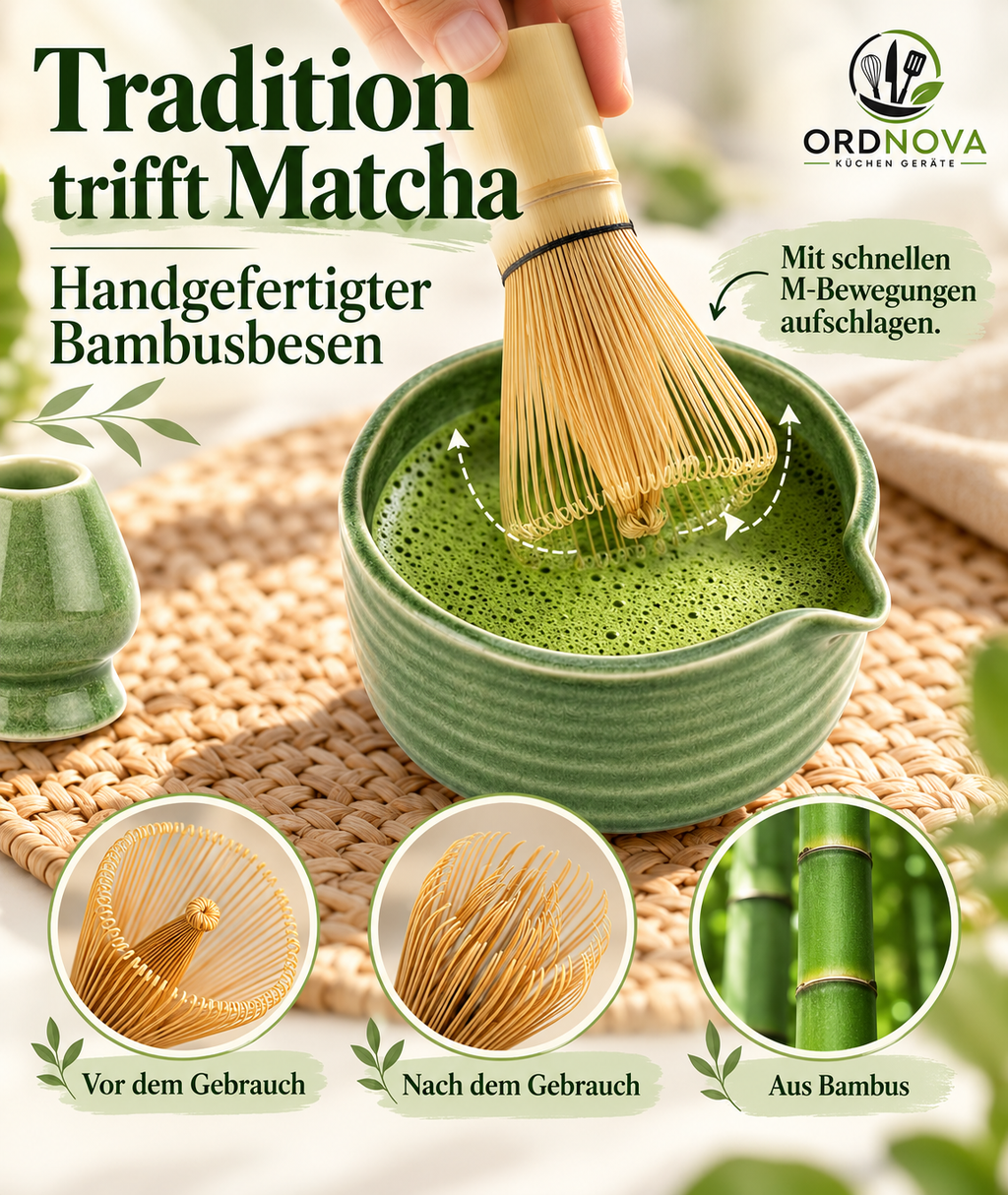 Matcha Set 7-teilig mit Bambusbesen und Keramikschale – Chasen mit Besenhalter