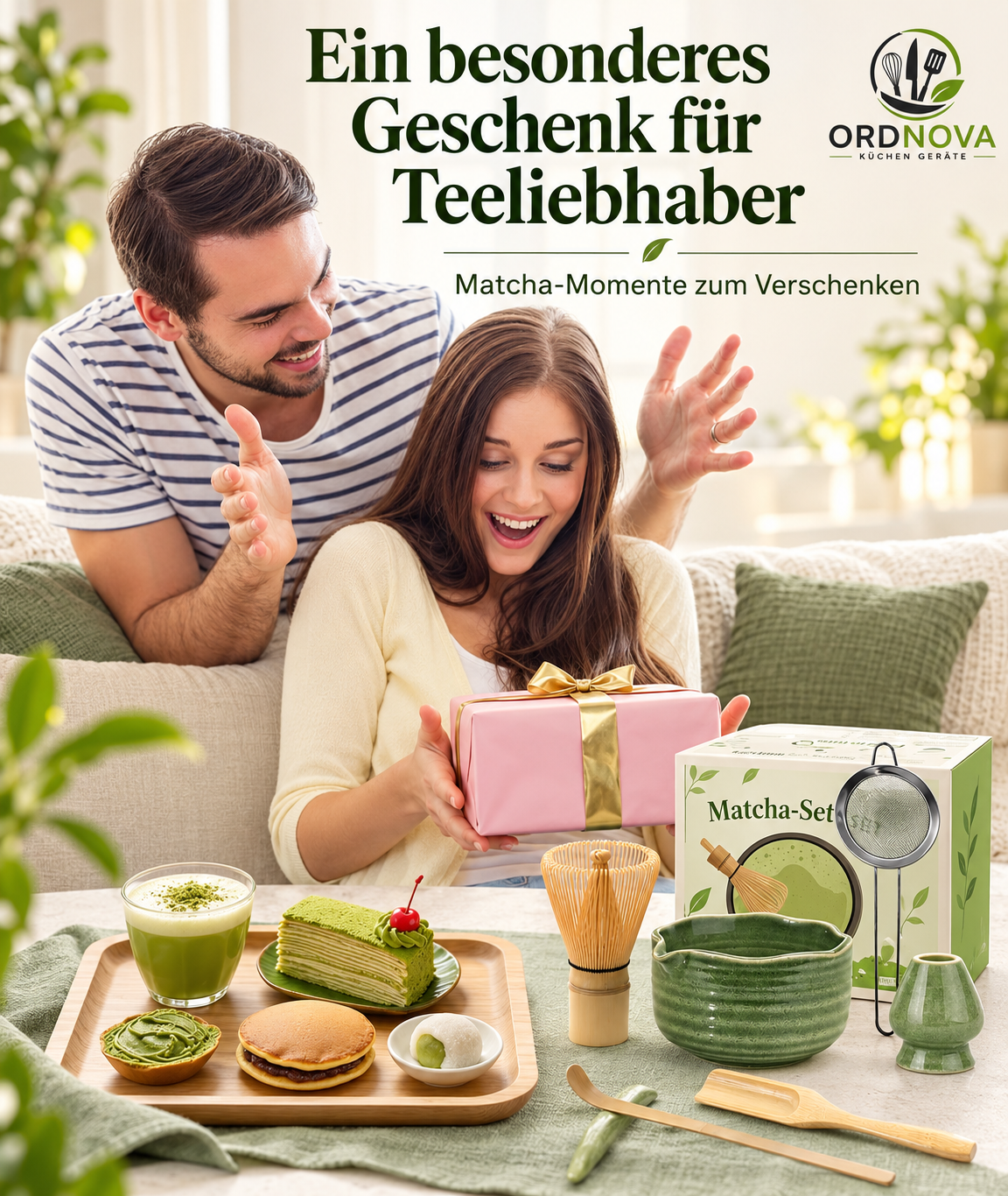 Matcha Set 7-teilig mit Bambusbesen und Keramikschale – mit Sieb und Löffel