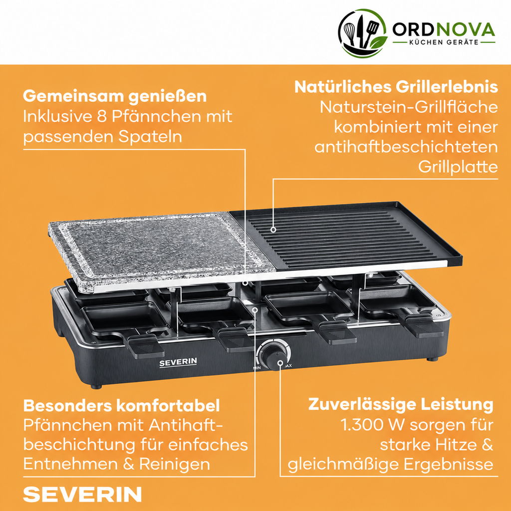 SEVERIN Raclette-Grill RG 2371 mit Naturgrillstein – mit Grillplatte und 8 Pfännchen