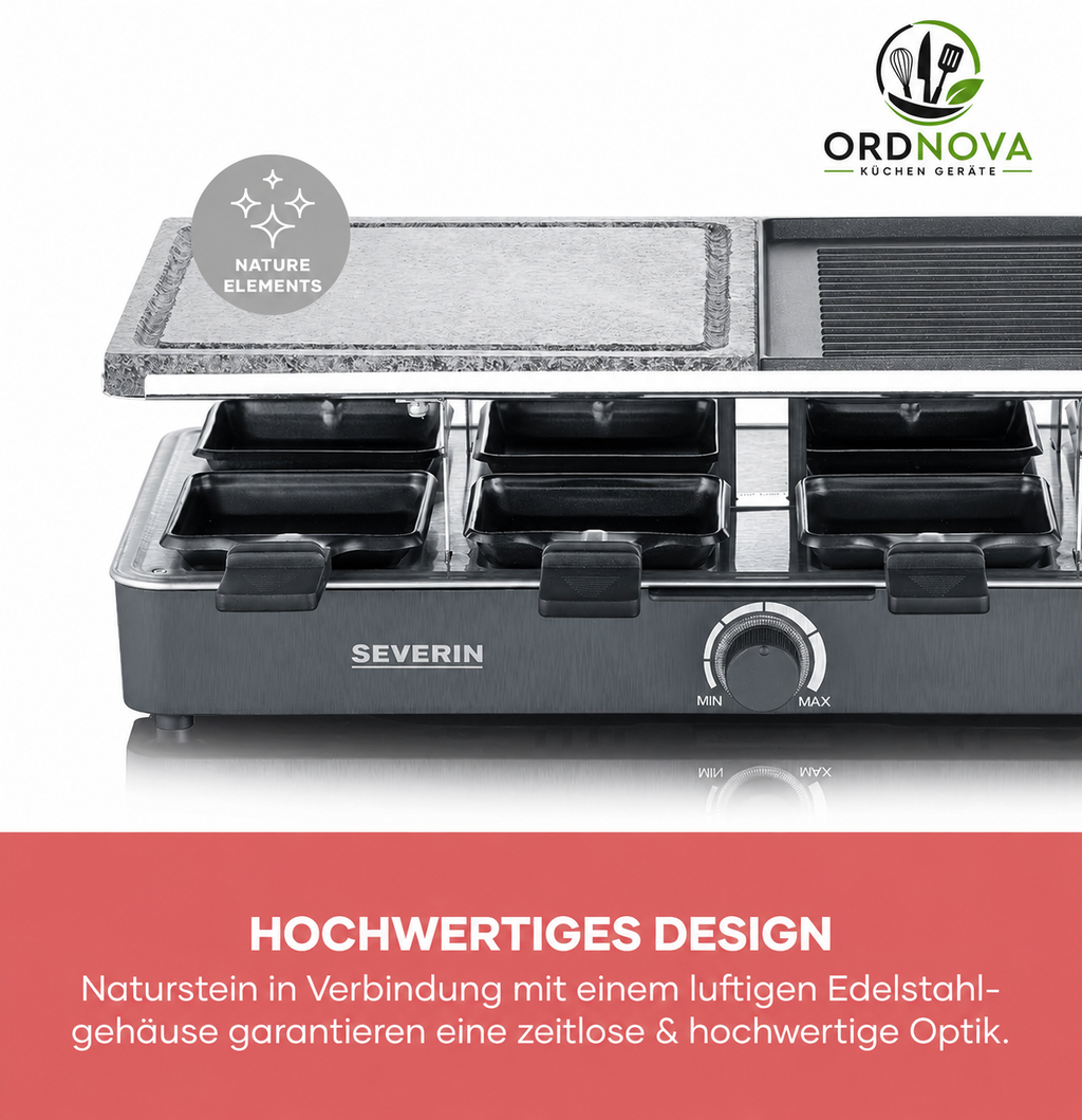 SEVERIN Raclette-Grill RG 2371 mit Naturgrillstein – mit Grillplatte und 8 Pfännchen