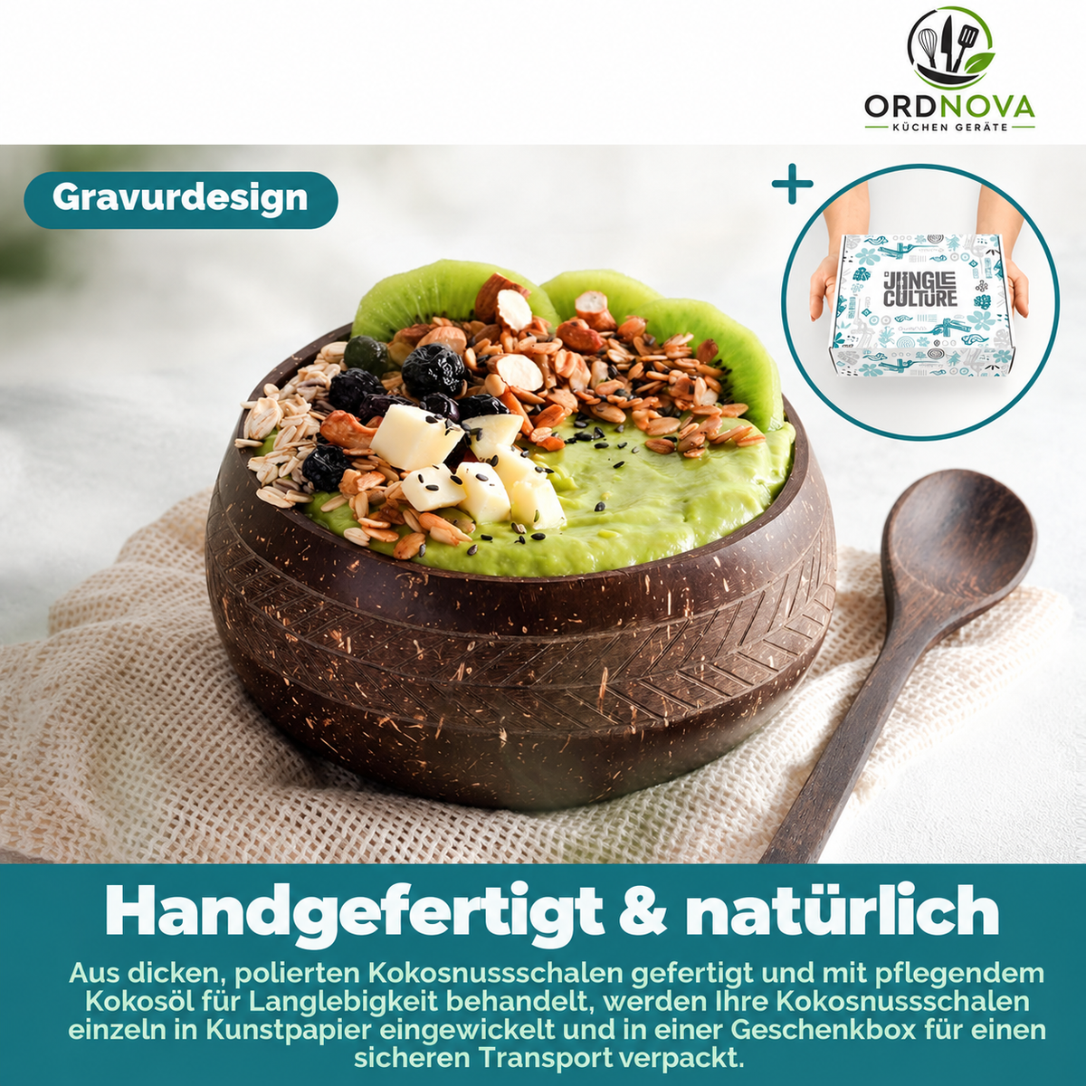 Kokosnuss-Schalen 2er-Set mit Holzlöffeln – Lieferumfang