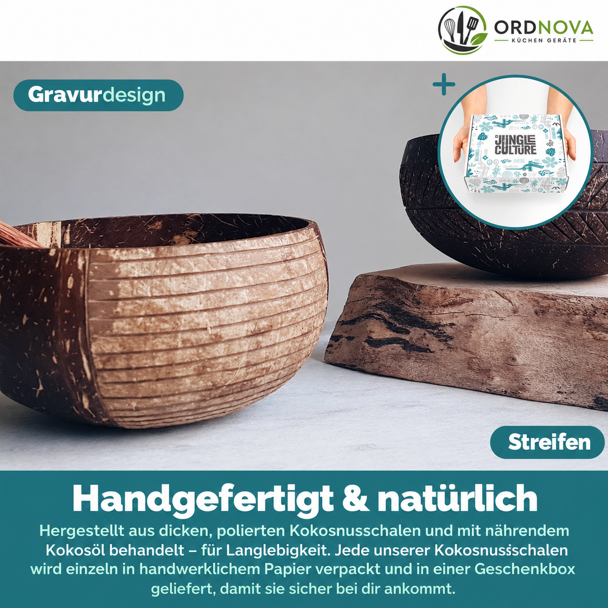 Kokosnuss-Schalen 2er-Set mit Holzlöffeln und Strohhalm