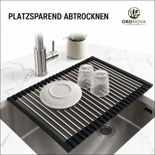 Abtropfgestell für die Spüle, 43 × 35 cm, Schwarz, aus Edelstahl, mit 18 Stäben – praktischer Geschirrständer für Spüle und Küchenarbeitsplatte.
